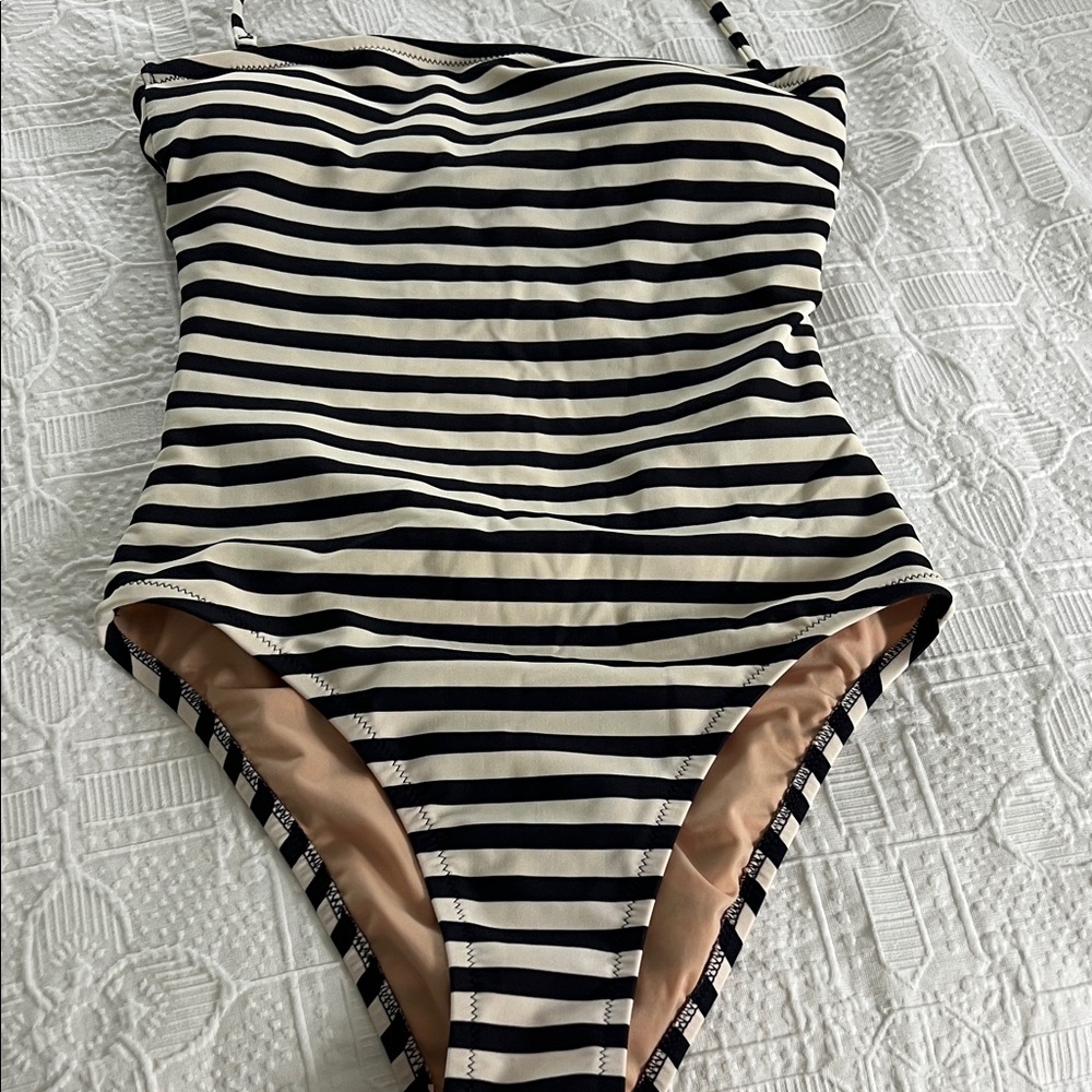 J. Crew Navy and Cream Bandeau Style One Piece Swimsuit Size 6